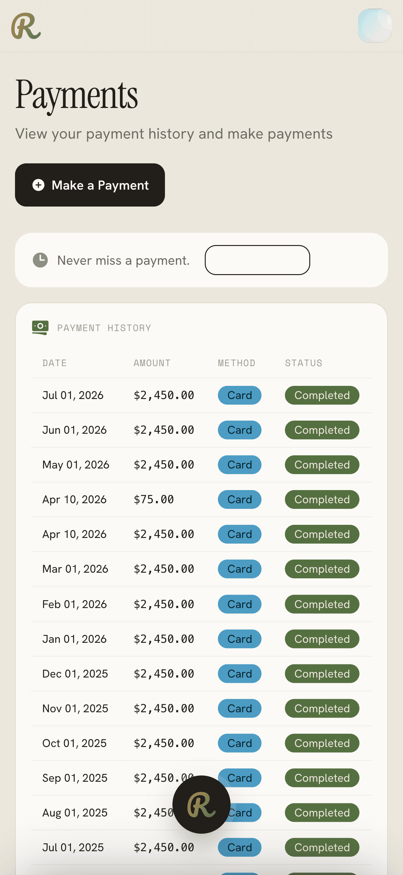 A resident’s payment history with a make-a-payment button and autopay prompt