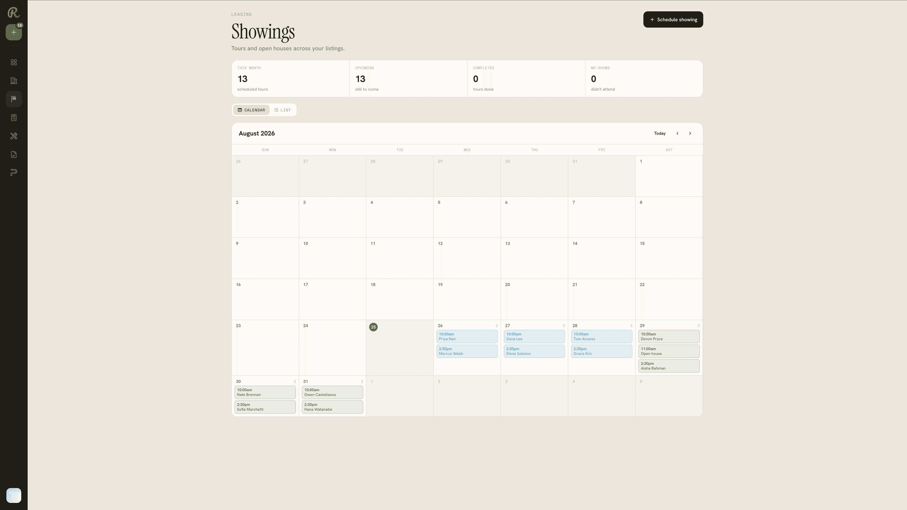 The showings calendar with tours and an open house scheduled across listings