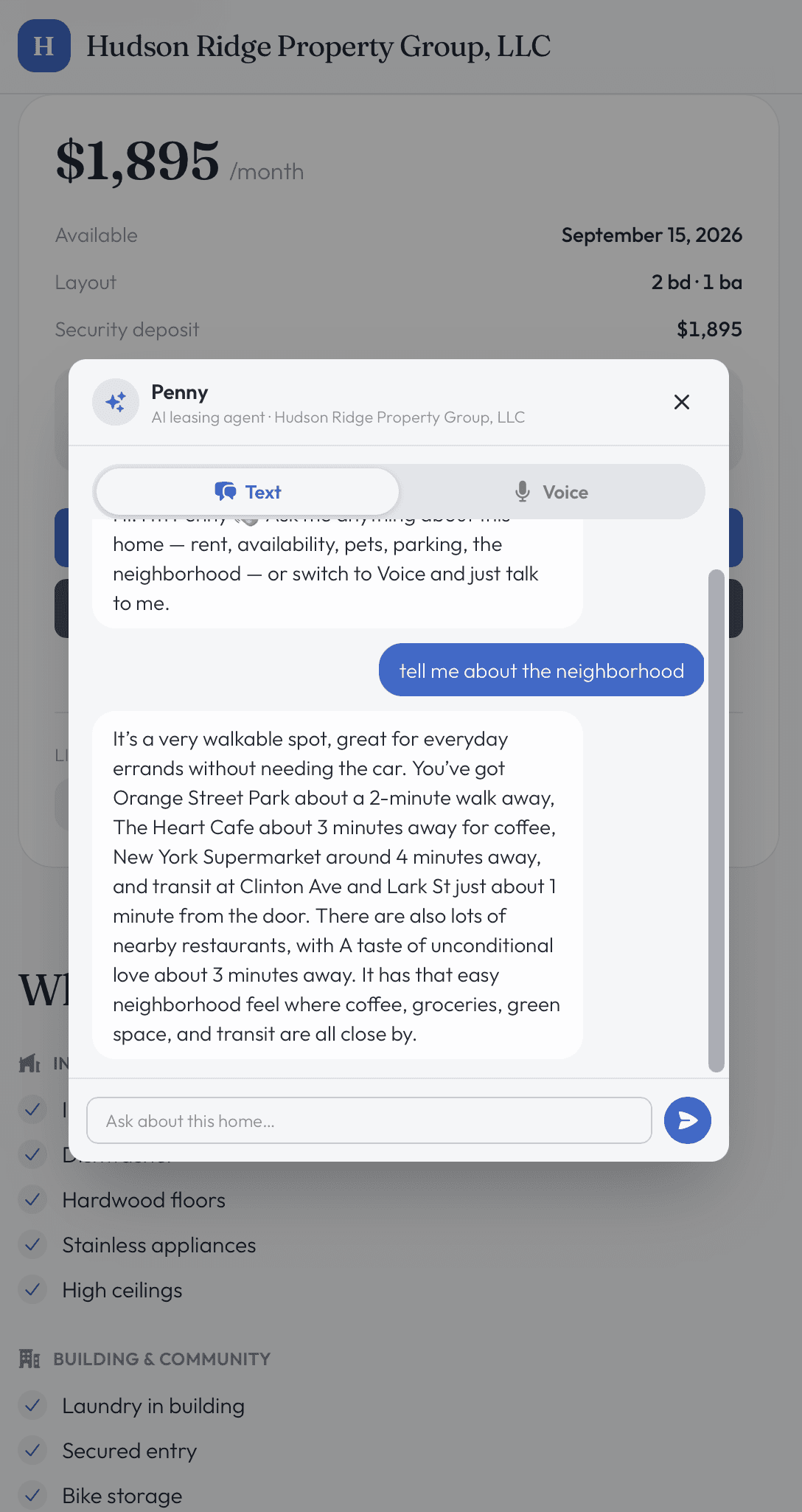 A public listing with Penny answering a prospect’s question about the neighborhood