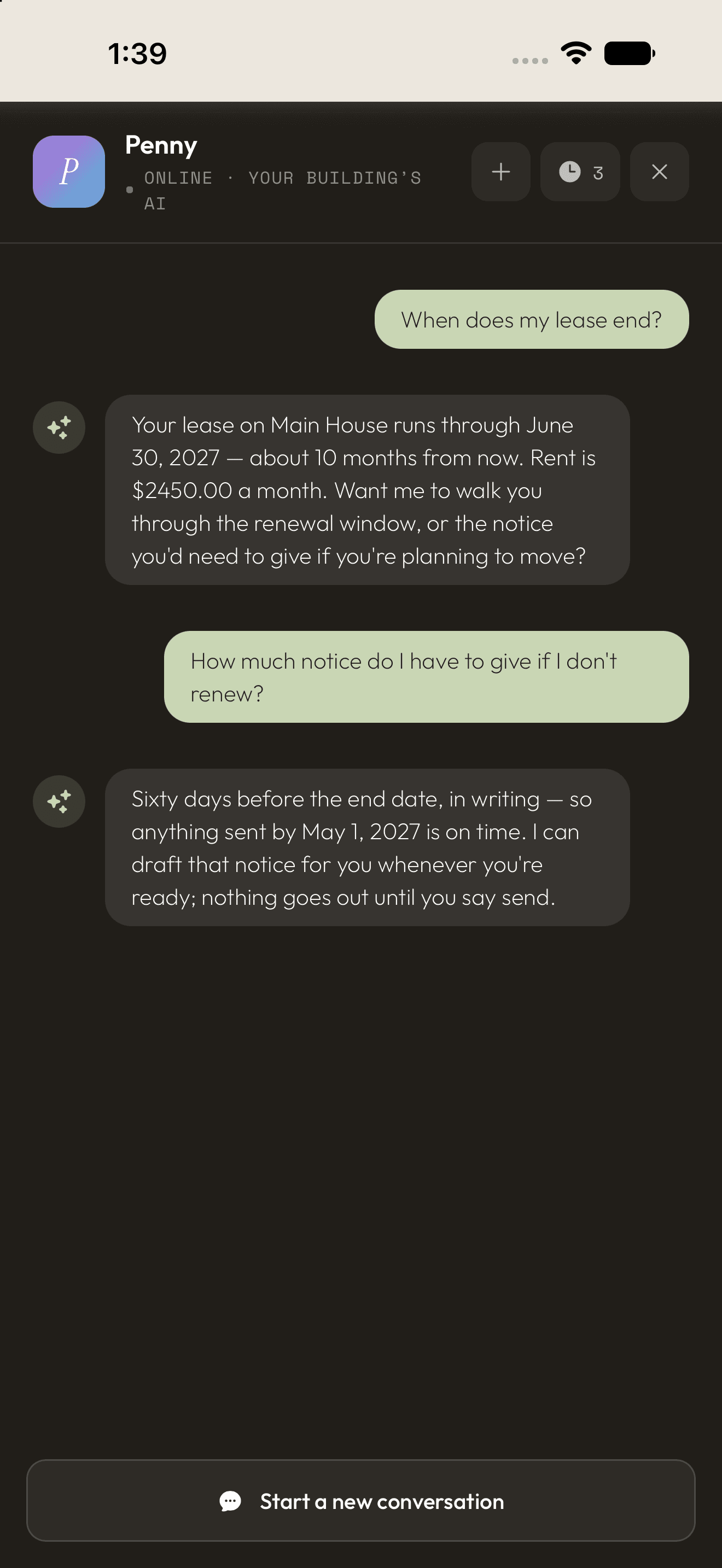 The Rentonomy iOS app showing a resident asking Penny when their lease ends and how much notice to give