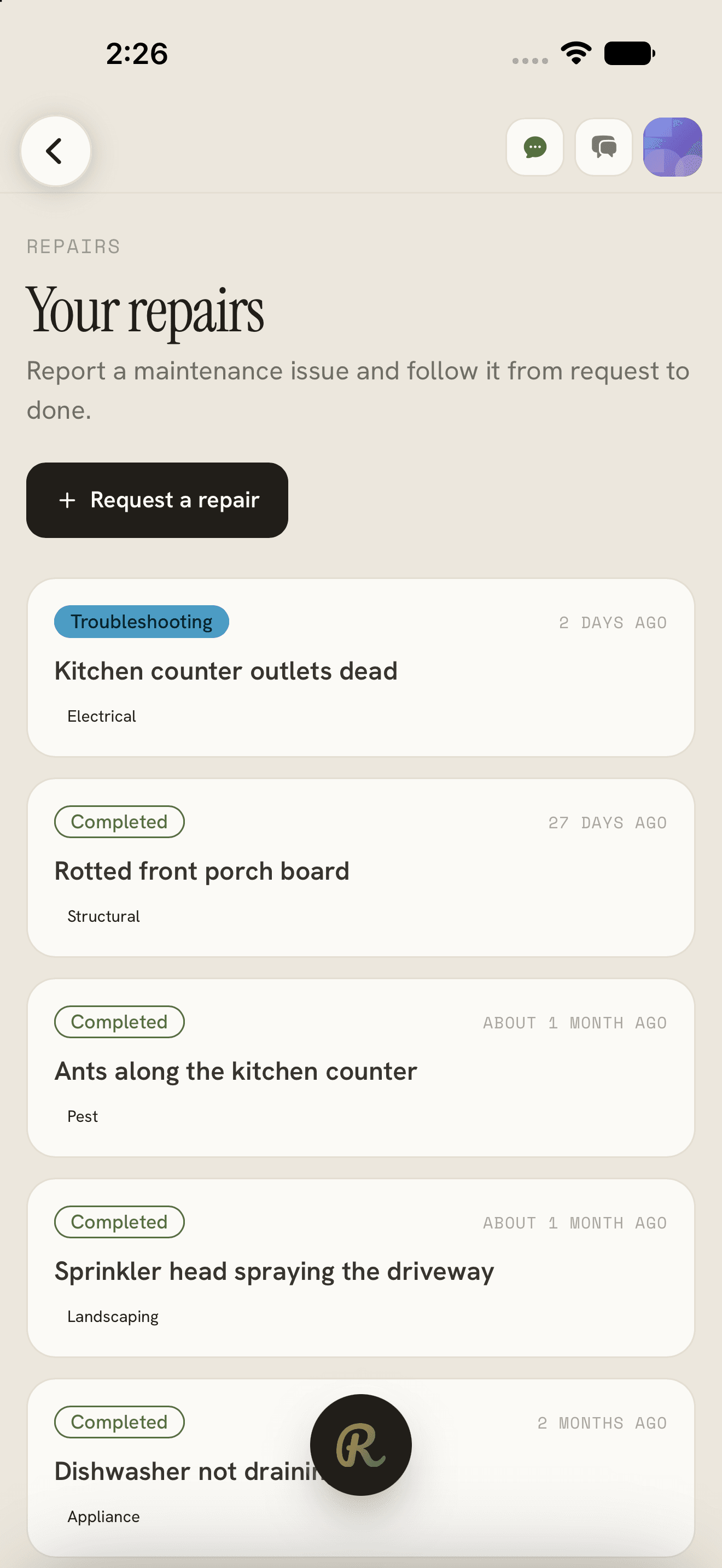 A resident’s repairs list with one issue in troubleshooting and several completed