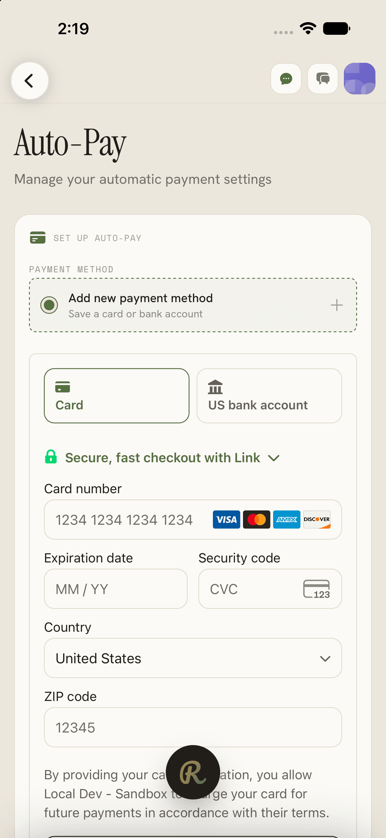 The Rentonomy Android app showing auto-pay setup with a saved card or bank account