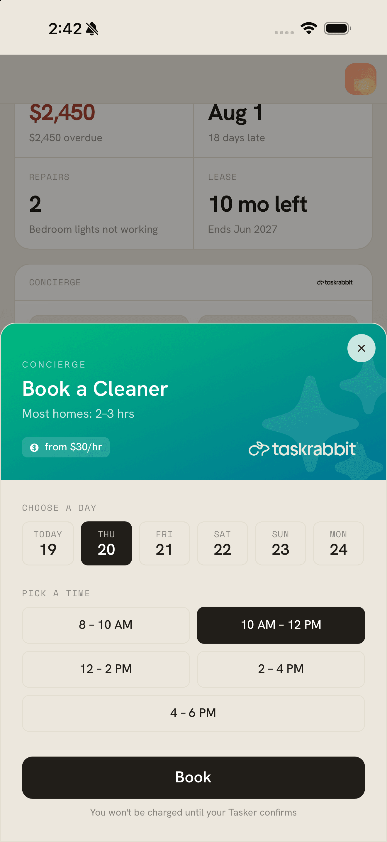 Booking a cleaner through the Taskrabbit concierge with a day and time picker